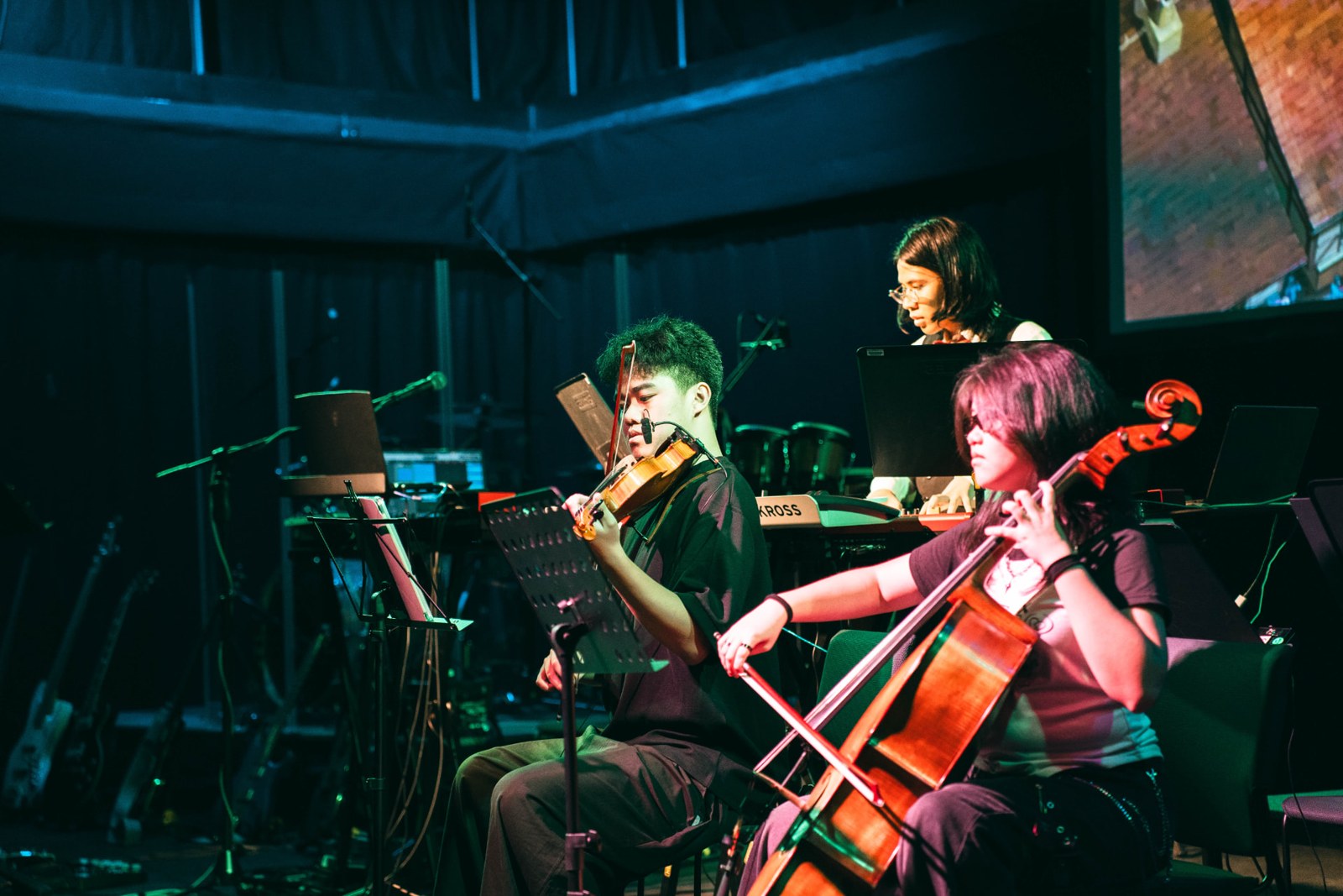 Violin and cello players at the AniMemori concert